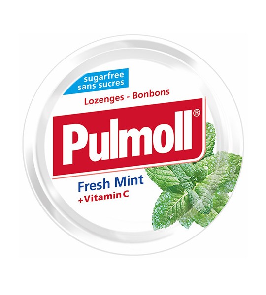 Kẹo ngậm giảm ho không đường bạc hà âu Pulmoll Fresh Mint + Vitamin C 45g